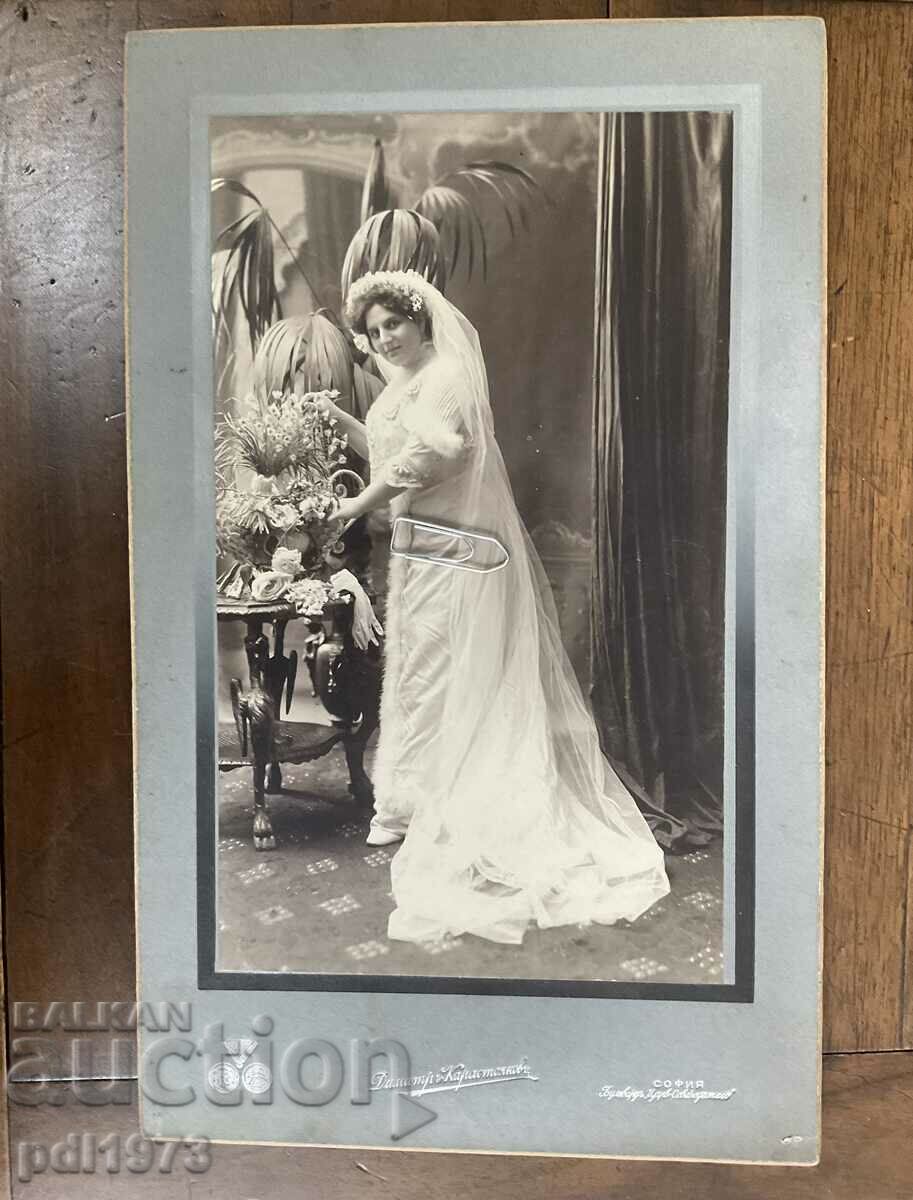 Стара снимка картон Д. А. Карастоянов 1910 знатна дама булка
