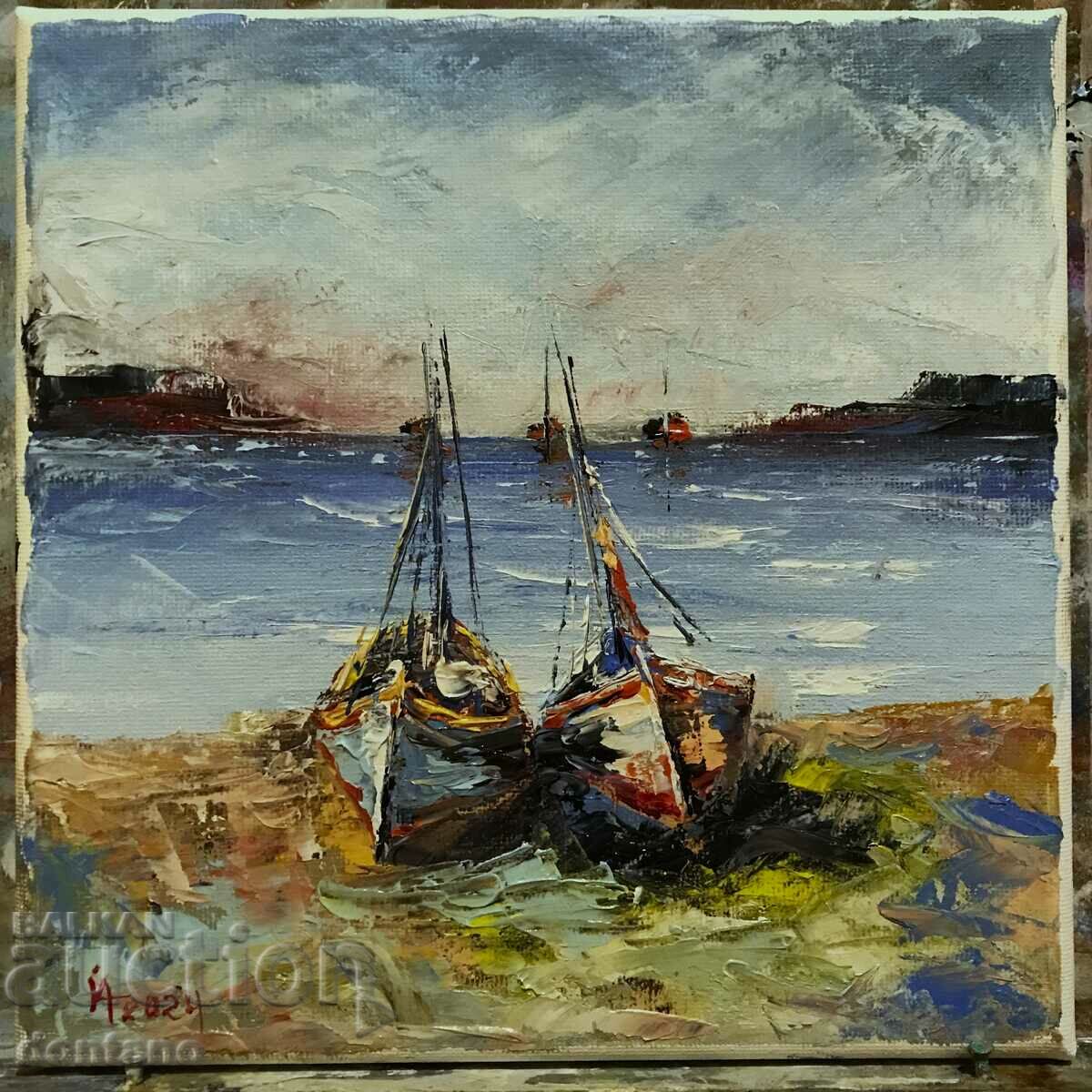Маслена картина - Морски пейзаж- Лодки на брега - Созопол
