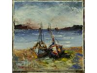 Маслена картина - Морски пейзаж- Лодки на брега - Созопол