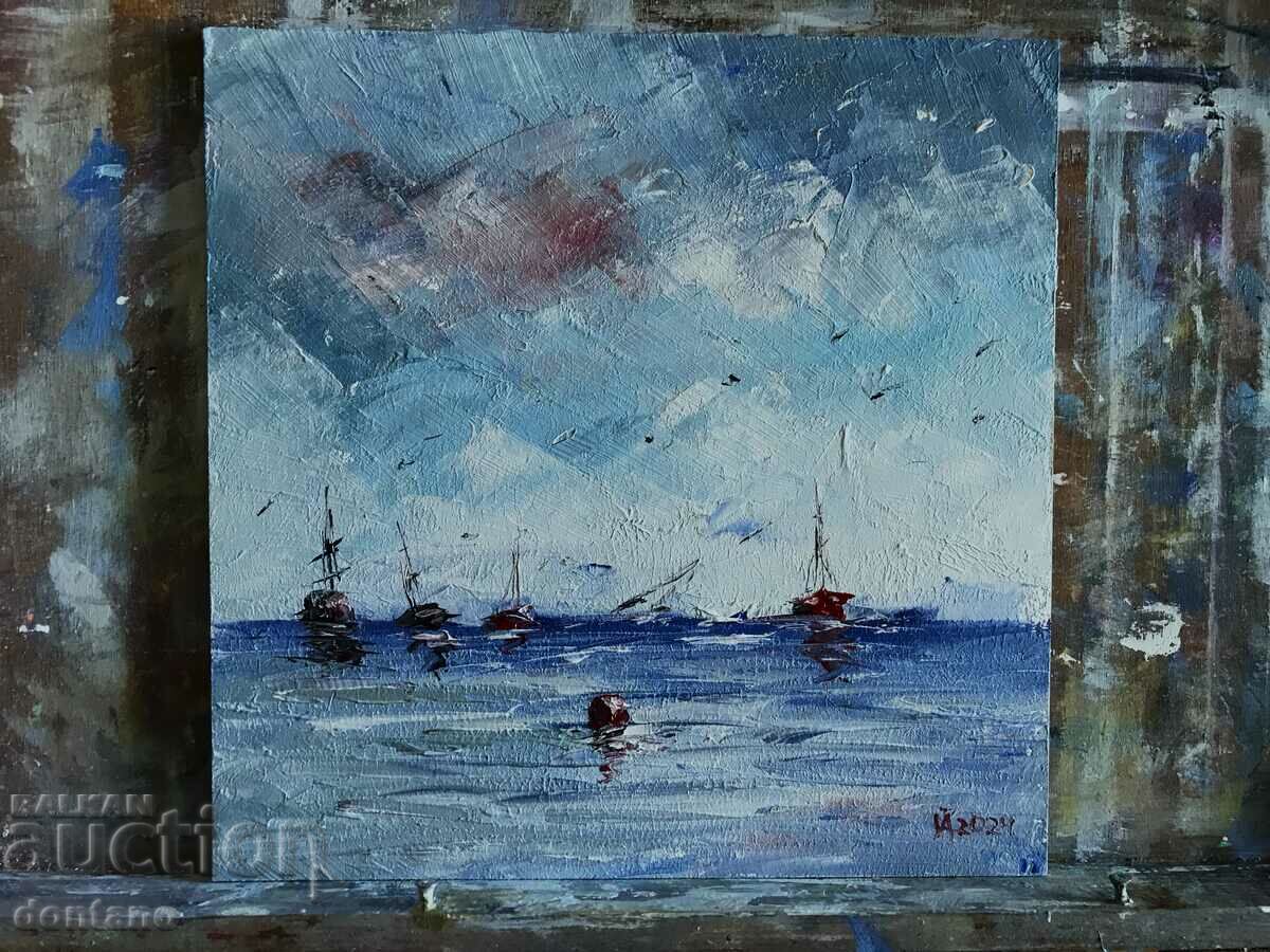 Oil painting - Seascape - Boats behind the buoy