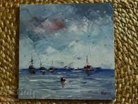 Oil painting - Seascape - Boats behind the buoy