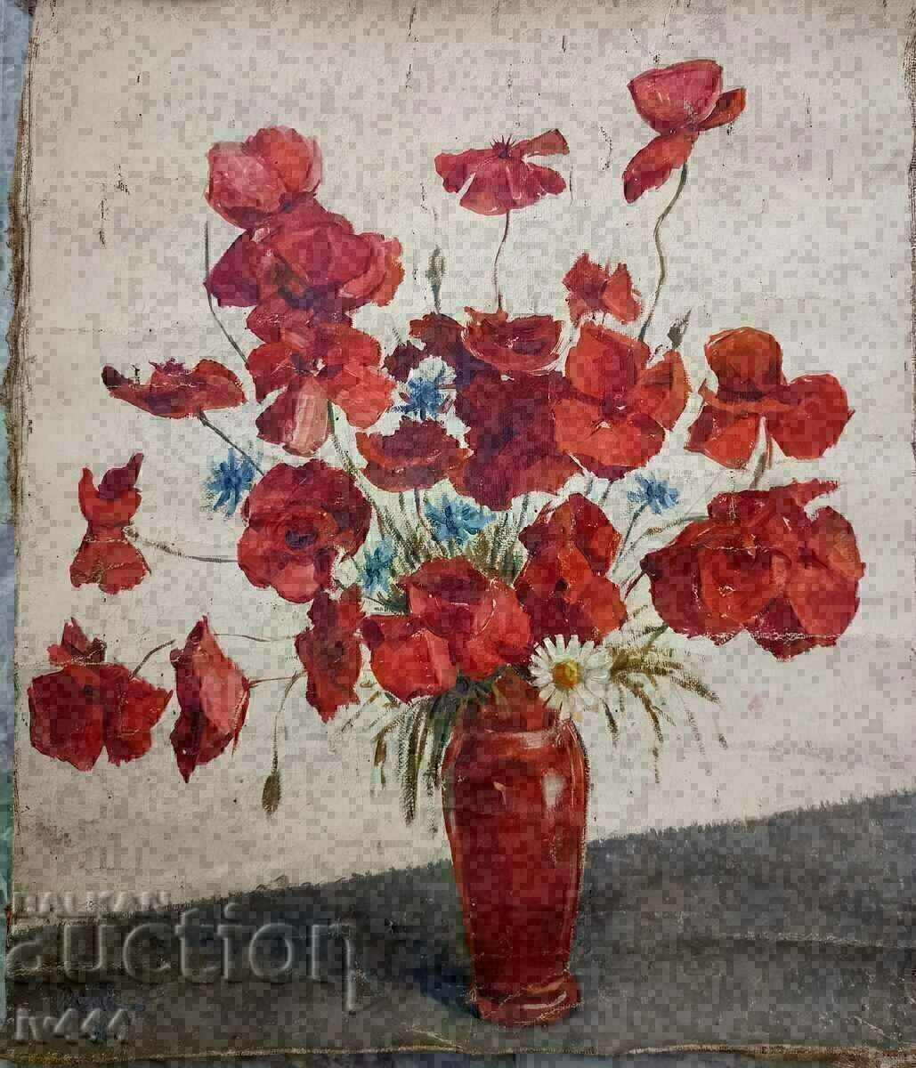 STOYAN VENEV? OLD BULGARIAN PAINTING - VASE WITH FLOWERS 1930