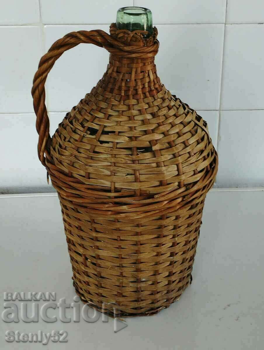 Old woven damajana 5 l. blown thick glass