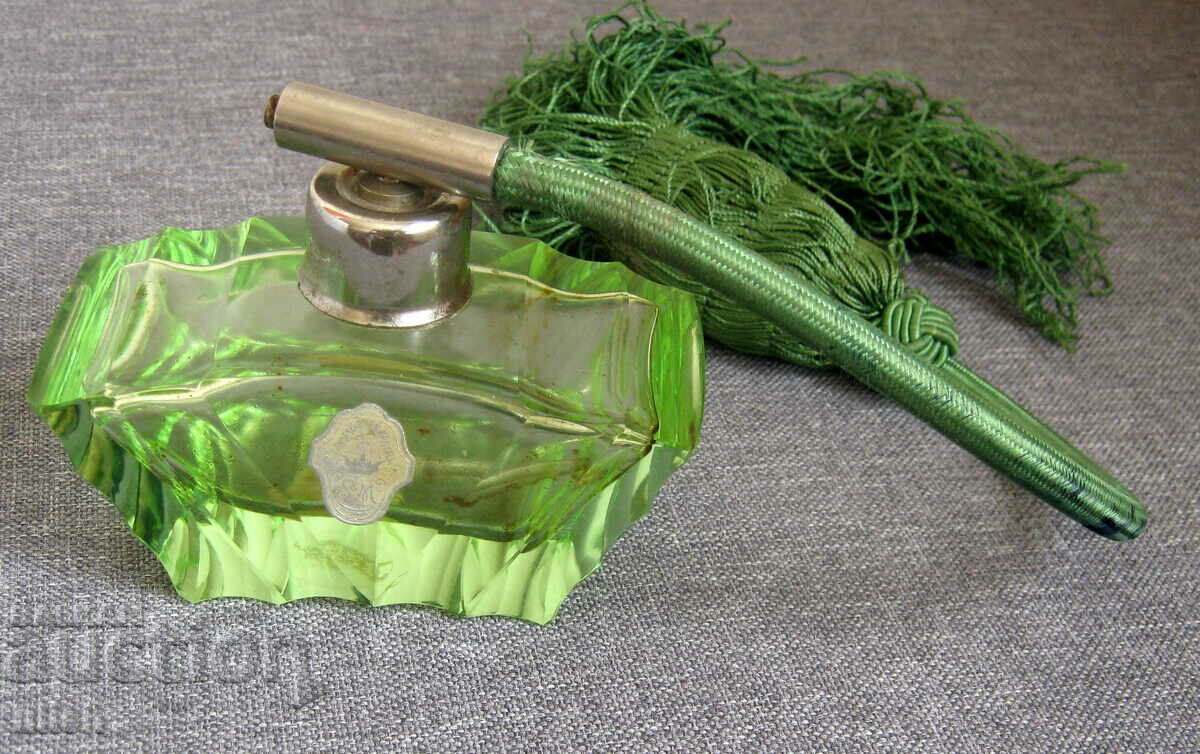 Art Deco Green Crystal Glass Perfume Spray Bottle