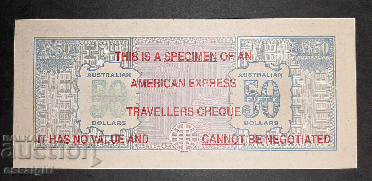 AUSTRALIA $50 P.CHEQUE AMEX SPECIMEN UNC with price 40.00 BGN | € 20.45 AUSTRALIA $50 P.CHEQUE AMEX SPECIMEN UNC with price 40.00 BGN | € 20.45