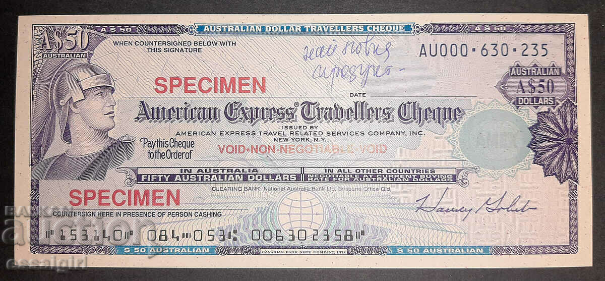 AUSTRALIA $50 P.CHEQUE AMEX SPECIMEN UNC