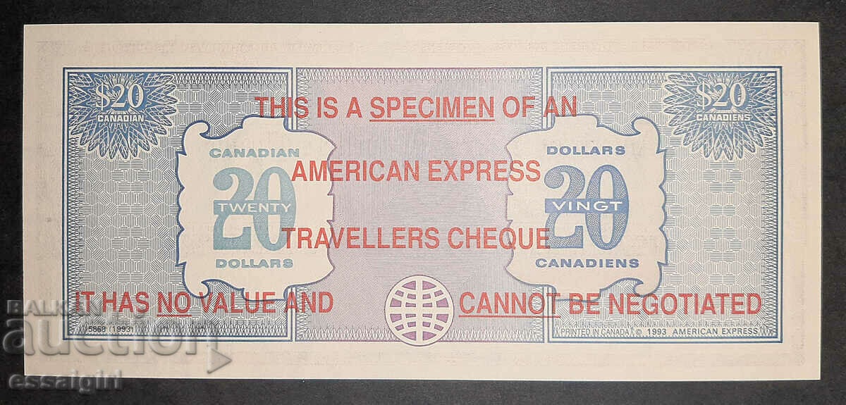 CANADA $20 P.CHEQUE AMEX SPECIMEN UNC with price 40.00 BGN | € 20.45 CANADA $20 P.CHEQUE AMEX SPECIMEN UNC with price 40.00 BGN | € 20.45