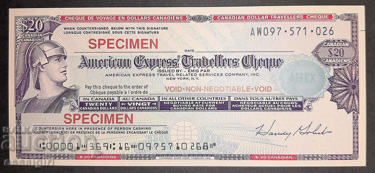 ΚΑΝΑΔΑΣ $20 P.CHEQUE AMEX SPECIMEN UNC