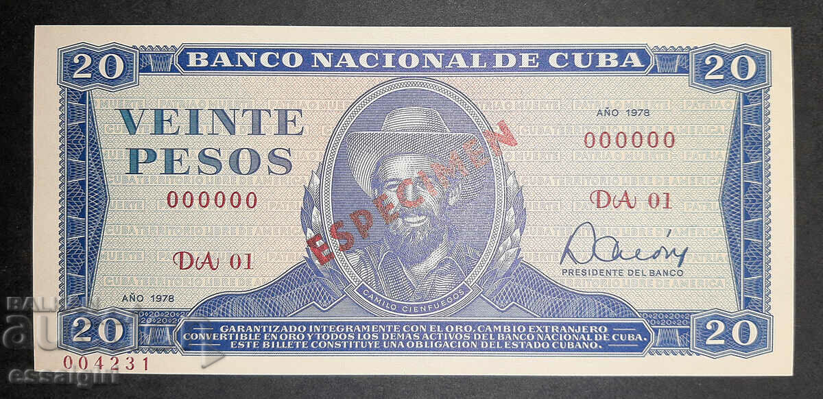 CUBA 20 PESOS 1978 SPECIMEN, SAMPLE UNC