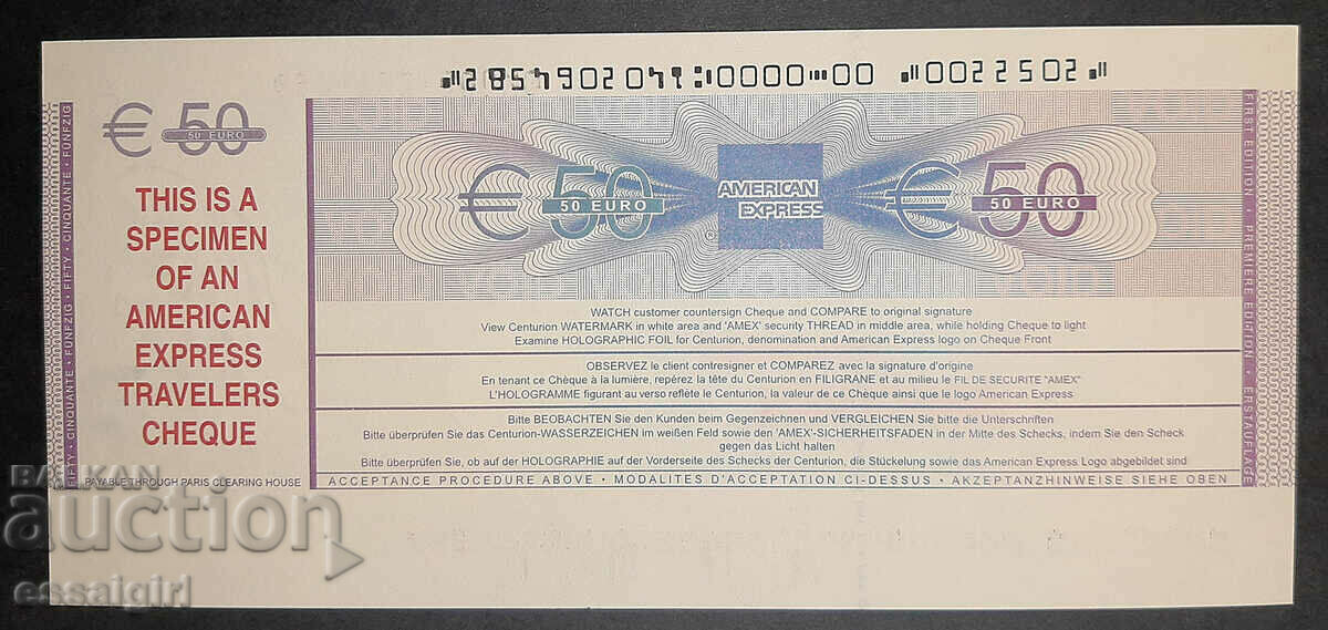 EUROPE 50 EURO P. CHECK AMEX SPECIMEN UNC with price 40.00 BGN | € 20.45 EUROPE 50 EURO P. CHECK AMEX SPECIMEN UNC with price 40.00 BGN | € 20.45