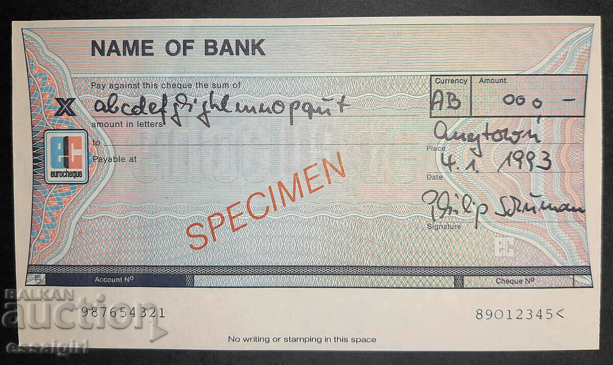 EUROPE MONEY CHECK SPECIMEN, SAMPLE UNC