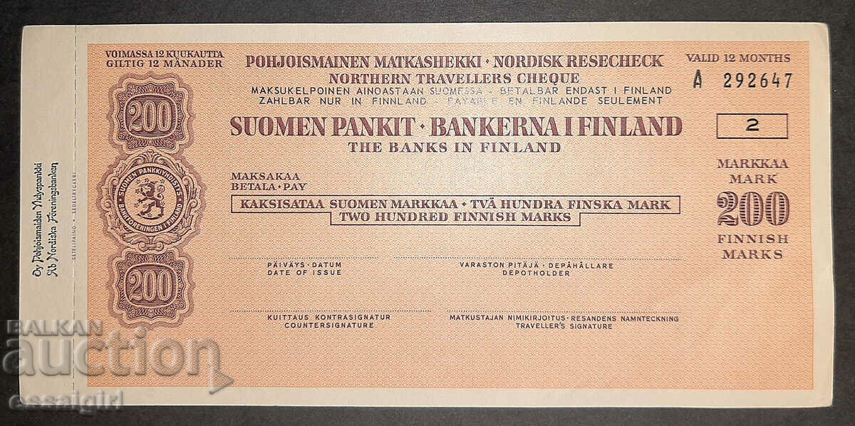 FINLANDA TRAVELER'S CHECK 200 MARC 1950-1990 NEUTILIZAT