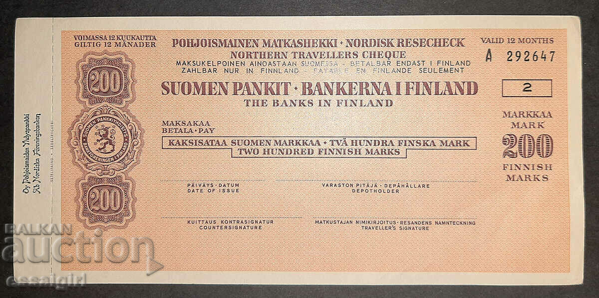 FINLAND TRAVELER'S CHECK 200 MARKS 1950-1990 UNUSED