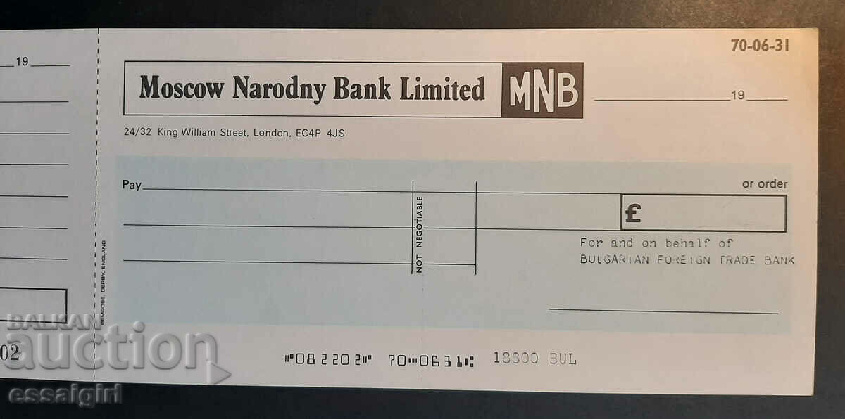 RUSSIA, USSR CHECK ON MOSCOW NATIONAL BANK IN LONDON