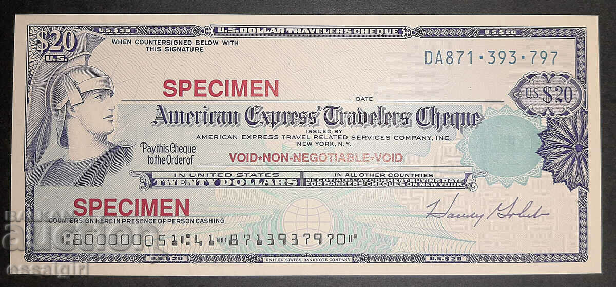 USA $20 P.CHEQUE AMEX SPECIMEN UNC