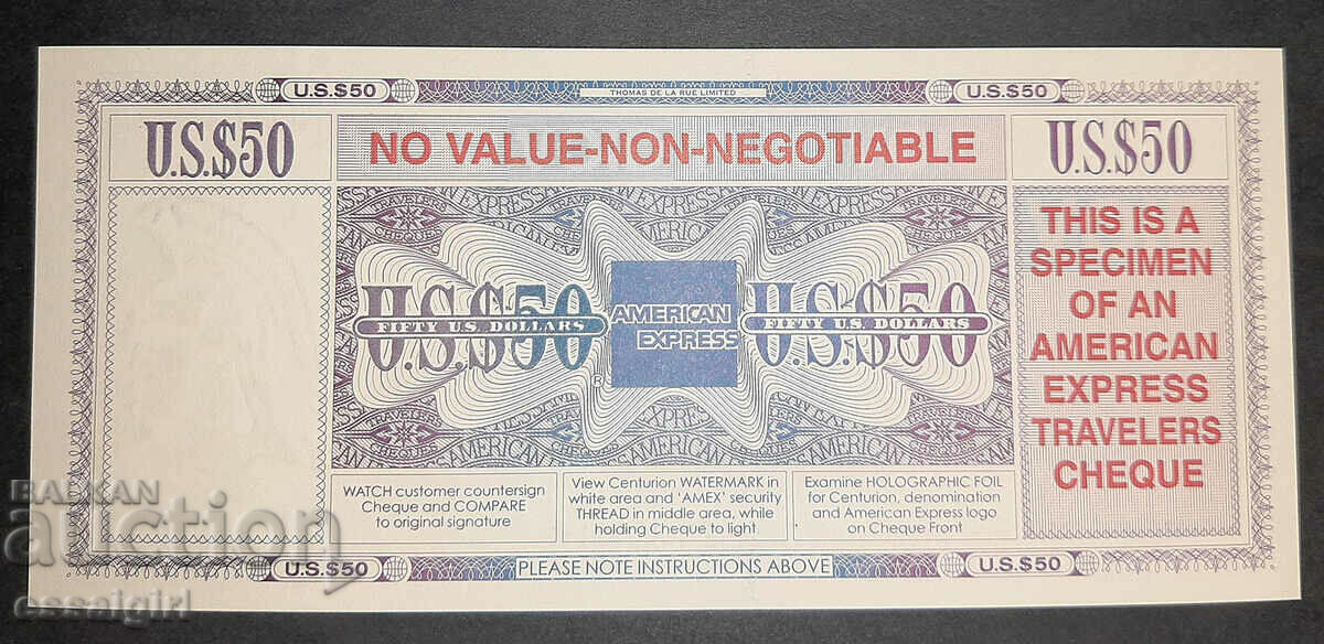USA $50 P.CHEQUE AMEX SPECIMEN UNC (2) with price 40.00 BGN | € 20.45 USA $50 P.CHEQUE AMEX SPECIMEN UNC (2) with price 40.00 BGN | € 20.45