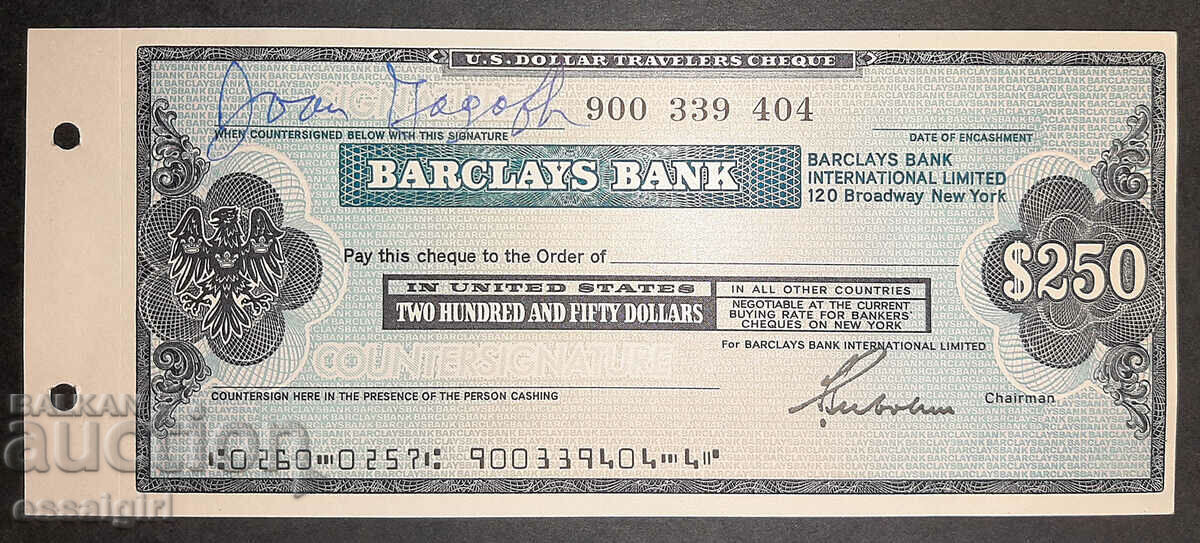 USA $250 P.CHEQUE BARCLAYS BANK UNC