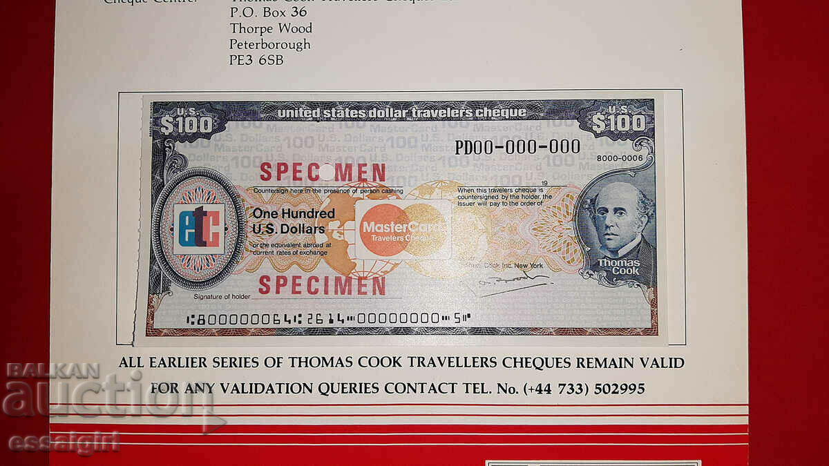 USA $100 P.CHEQUE THOMAS COOK SPECIMEN with price 35.00 BGN | € 17.90 USA $100 P.CHEQUE THOMAS COOK SPECIMEN with price 35.00 BGN | € 17.90