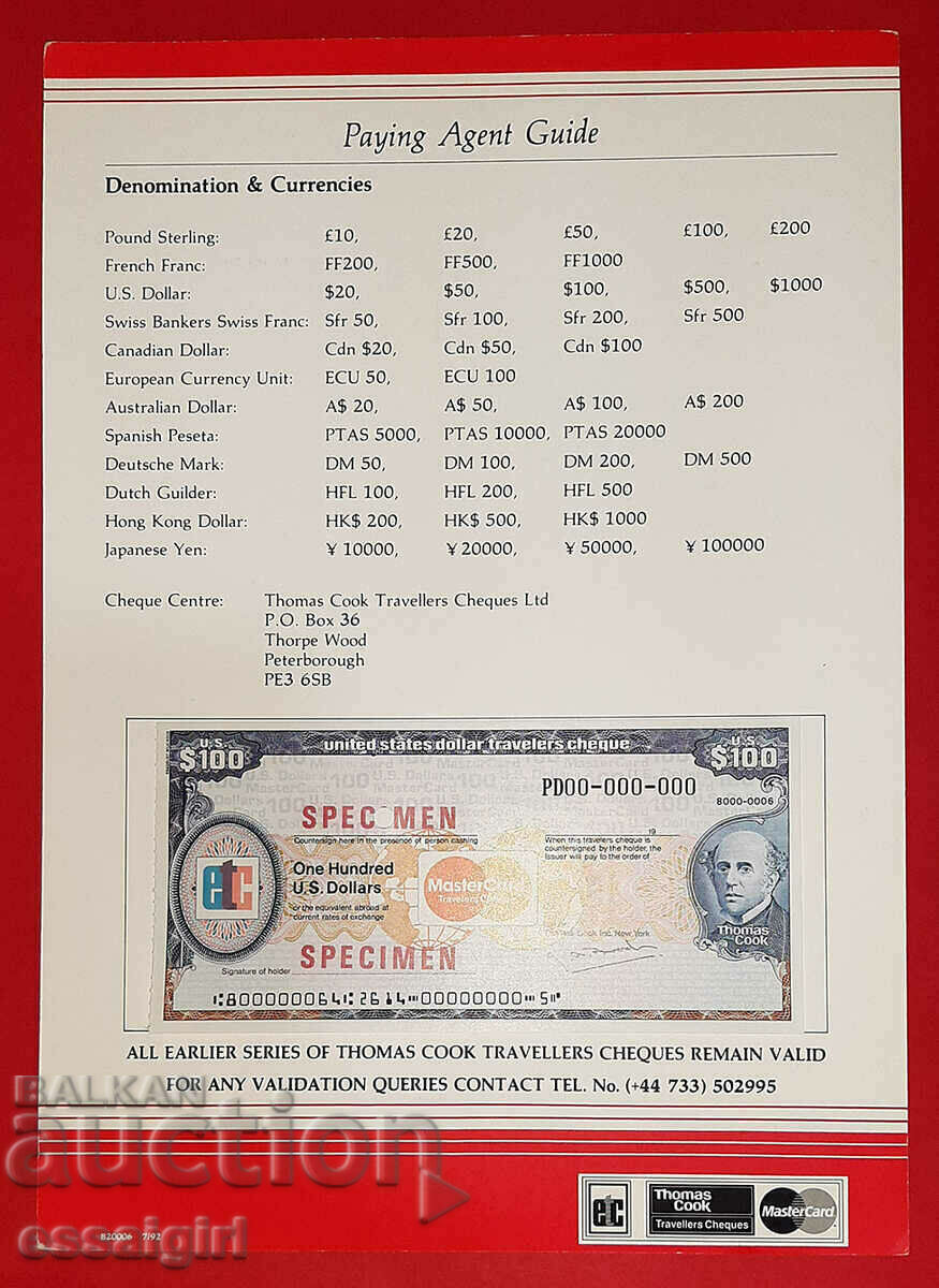 USA $100 P.CHEQUE THOMAS COOK SPECIMEN