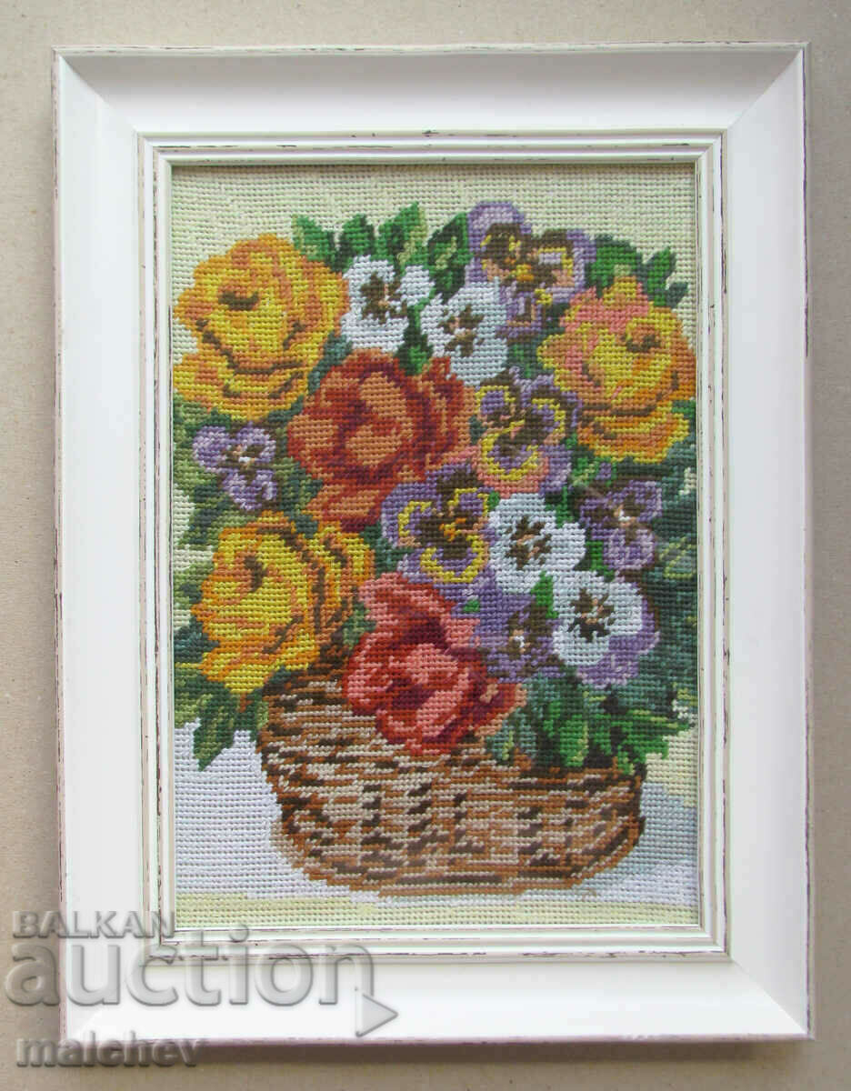 Roses and violets hand tapestry, framed 29/38 cm, excellent