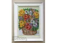 Roses and violets hand tapestry, framed 29/38 cm, excellent