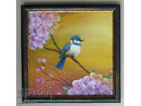Oil painting Bird on a flowering branch, framed 35/35 cm