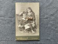 Стара снимка картон Ив. А. Карастоянов 1900 момче момиче