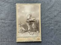 Стара снимка картон Ив. А. Карастоянов 1900 момче колело