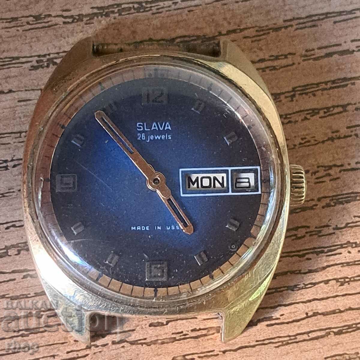 Слава син циферблат позлатен съветски ръчен часовник