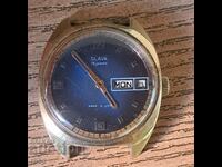 Ceas de mână sovietic cu cadran albastru Slava placat cu aur