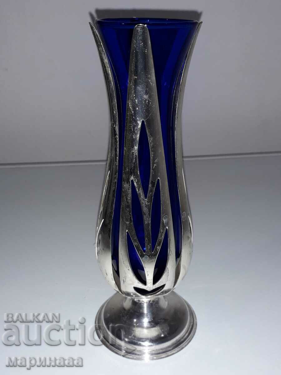 VASE. BLUE GLASS WITH SILVER BRONZE