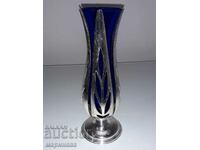 VASE. BLUE GLASS WITH SILVER BRONZE