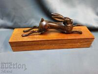 RARE ANTIQUE ROSEWOOD BOX AND BRONZE RABBIT