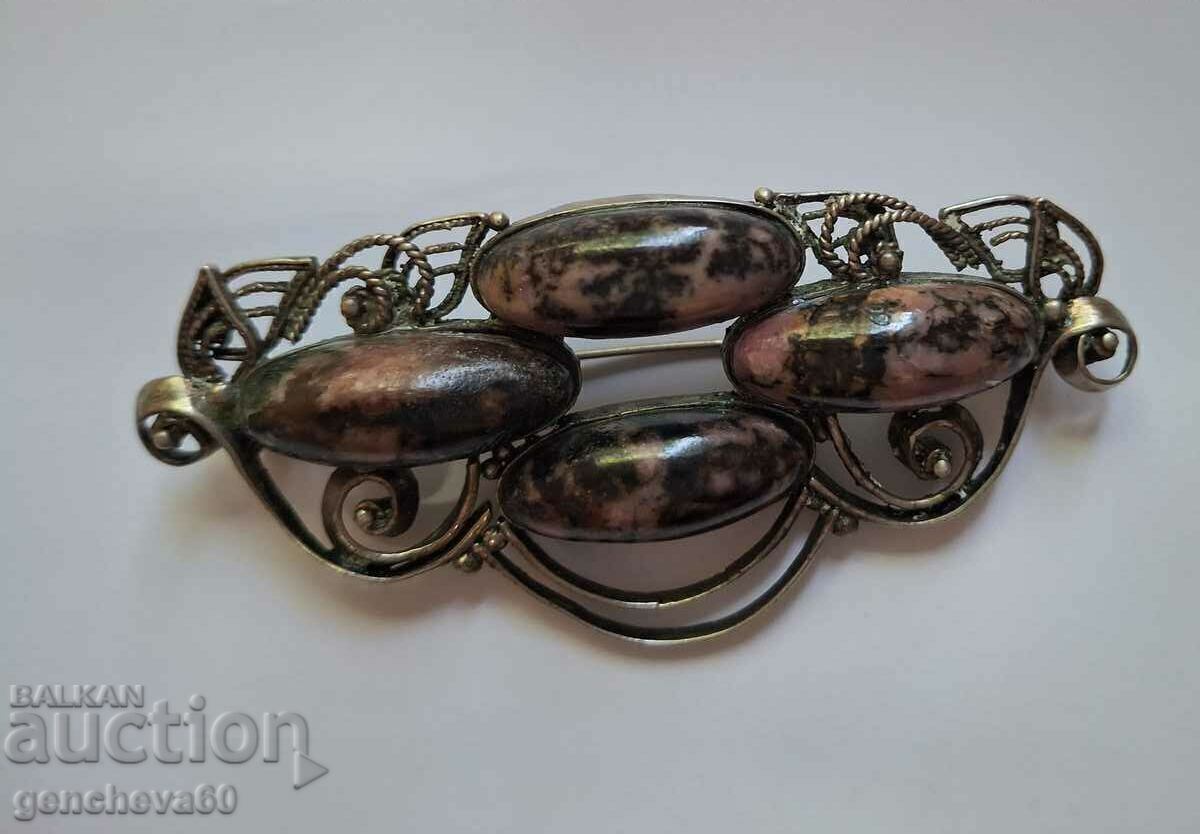 Auction Vintage brooch with natural stones rhodonite/USSR Auction Vintage brooch with natural stones rhodonite/USSR