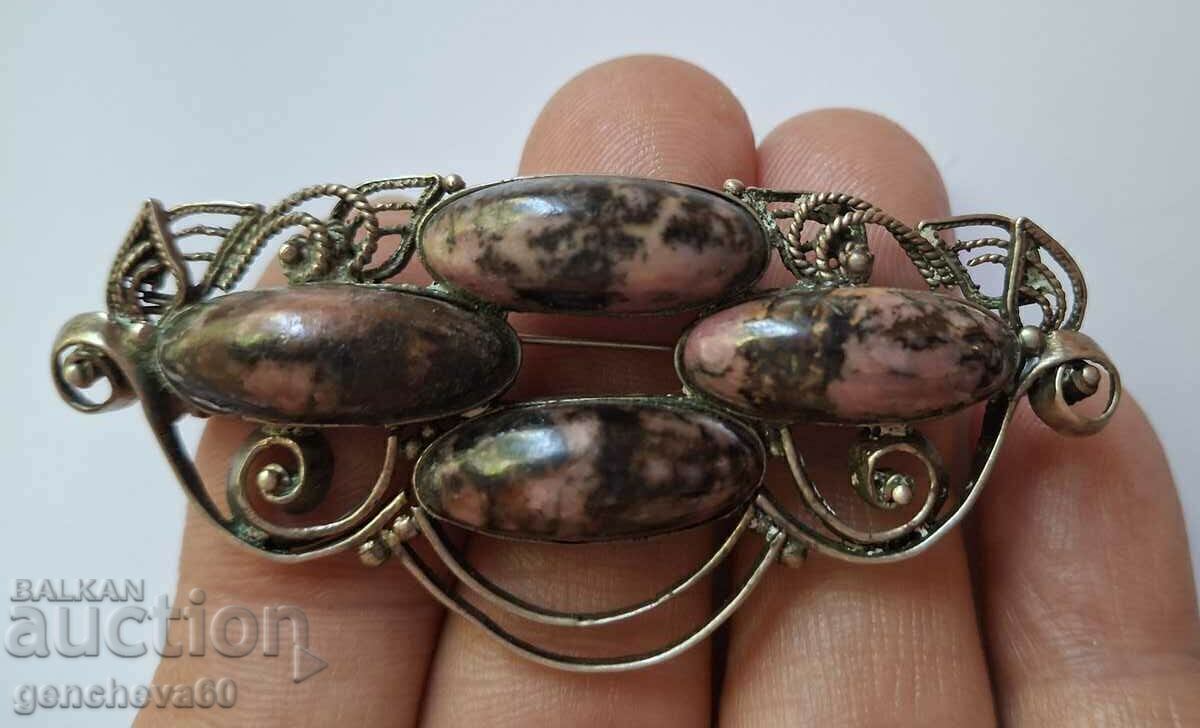 Vintage brooch with natural stones rhodonite/USSR - 6 Vintage brooch with natural stones rhodonite/USSR - 6