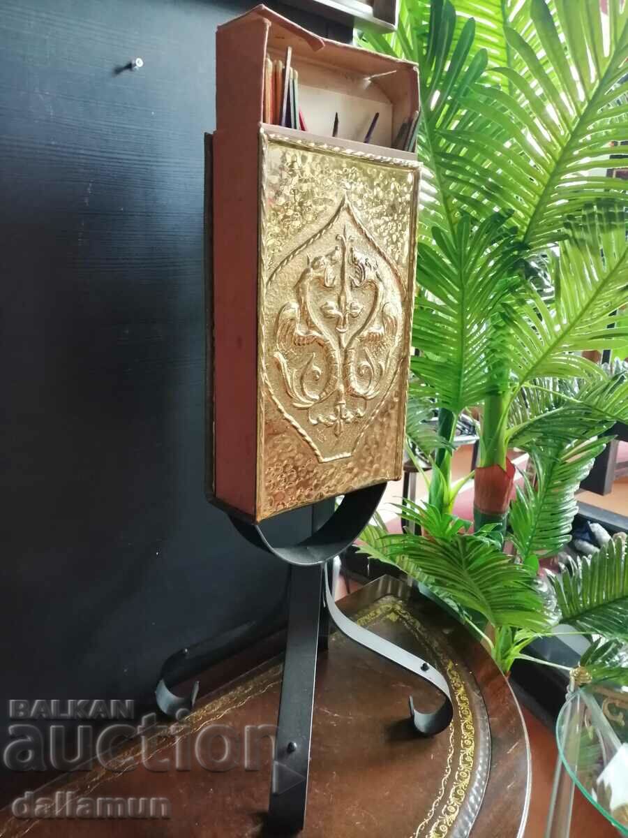 Auction antique metal matchbox on iron stand Auction antique metal matchbox on iron stand