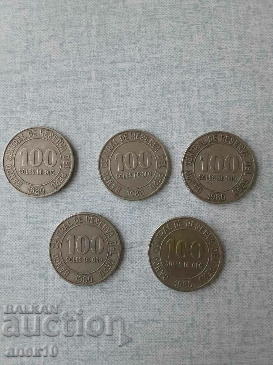 Peru 100 sol 1980 lot 5 pieces