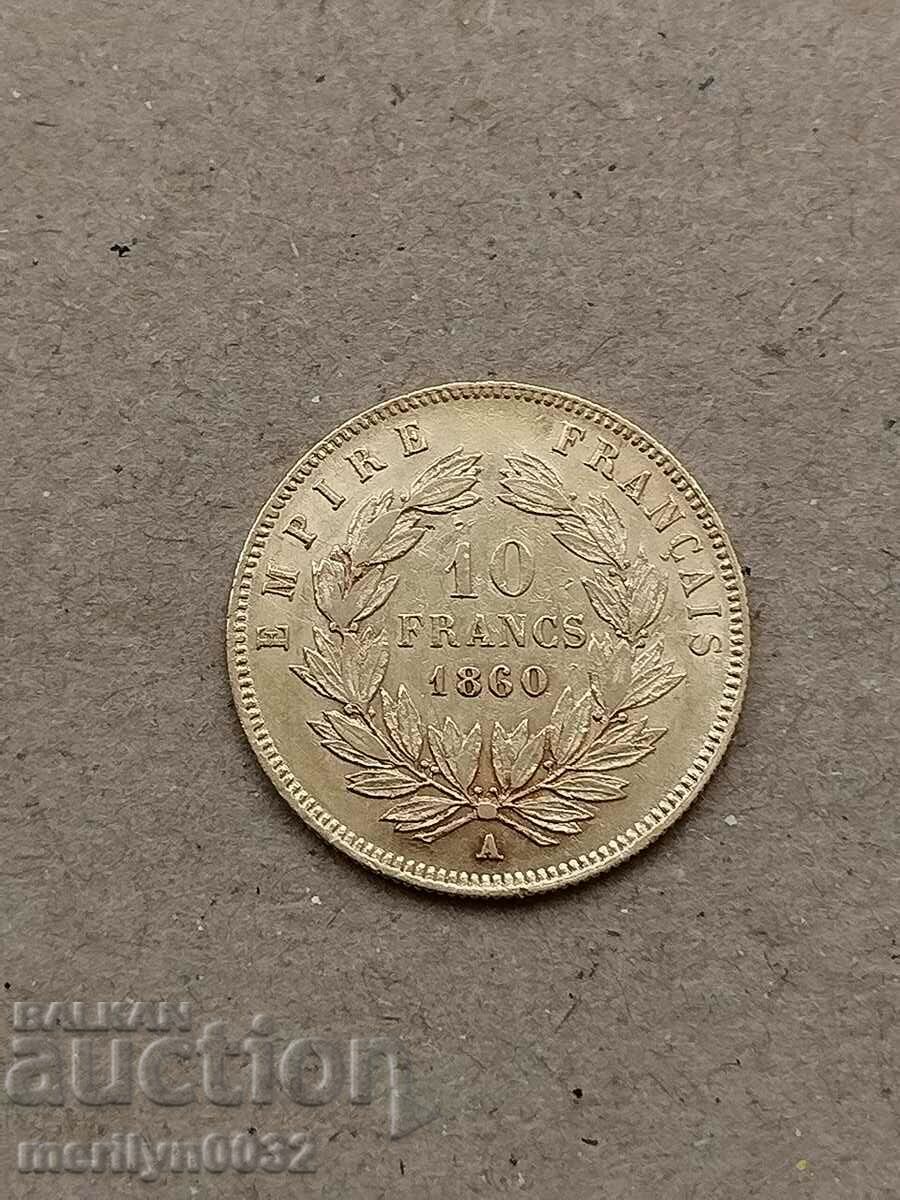 10 франка 1860 год Франция  злато 3.22  900/1000