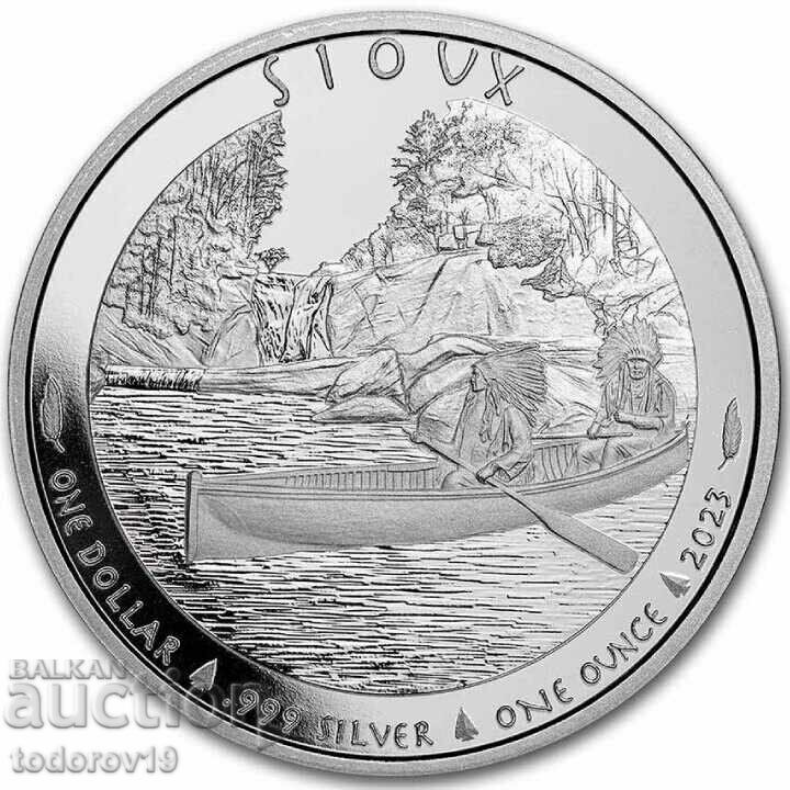 Argint 1 oz Siouxsie - șef indian în canoe - 2023