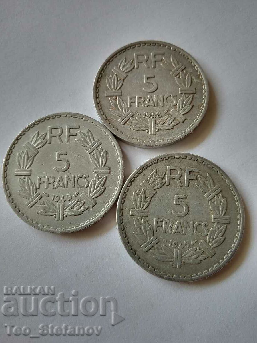 лот 5 франка 1945, 1948 и 1949 Франция
