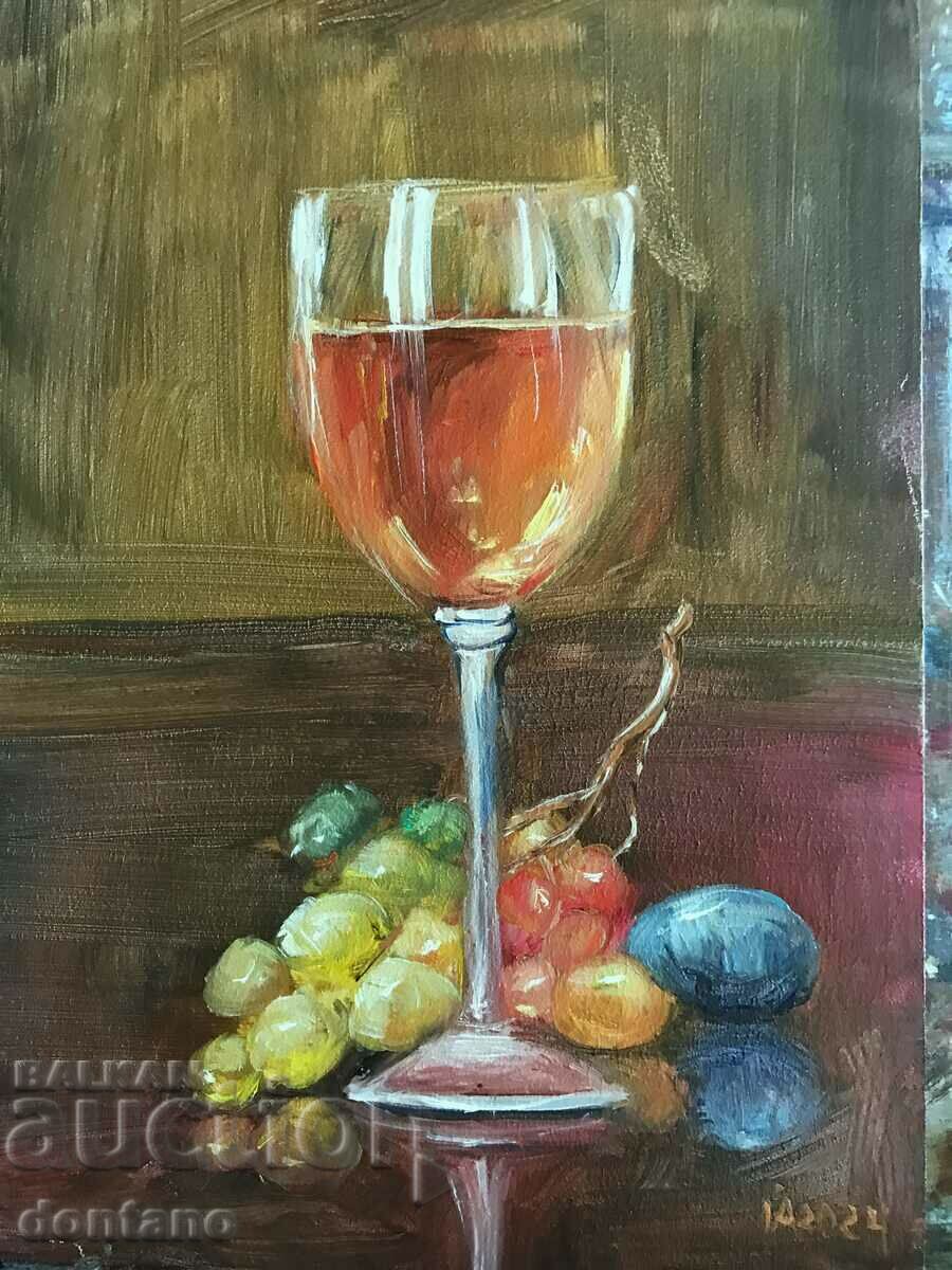 Painting oil painting - Still life - Glass of wine with grapes