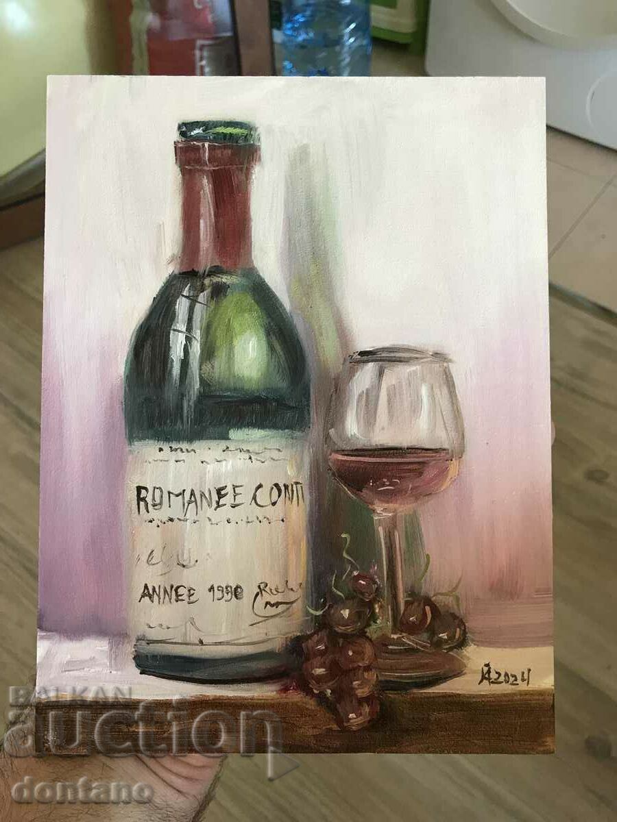 Painting oil painting - Still life - Bottle of wine with grapes