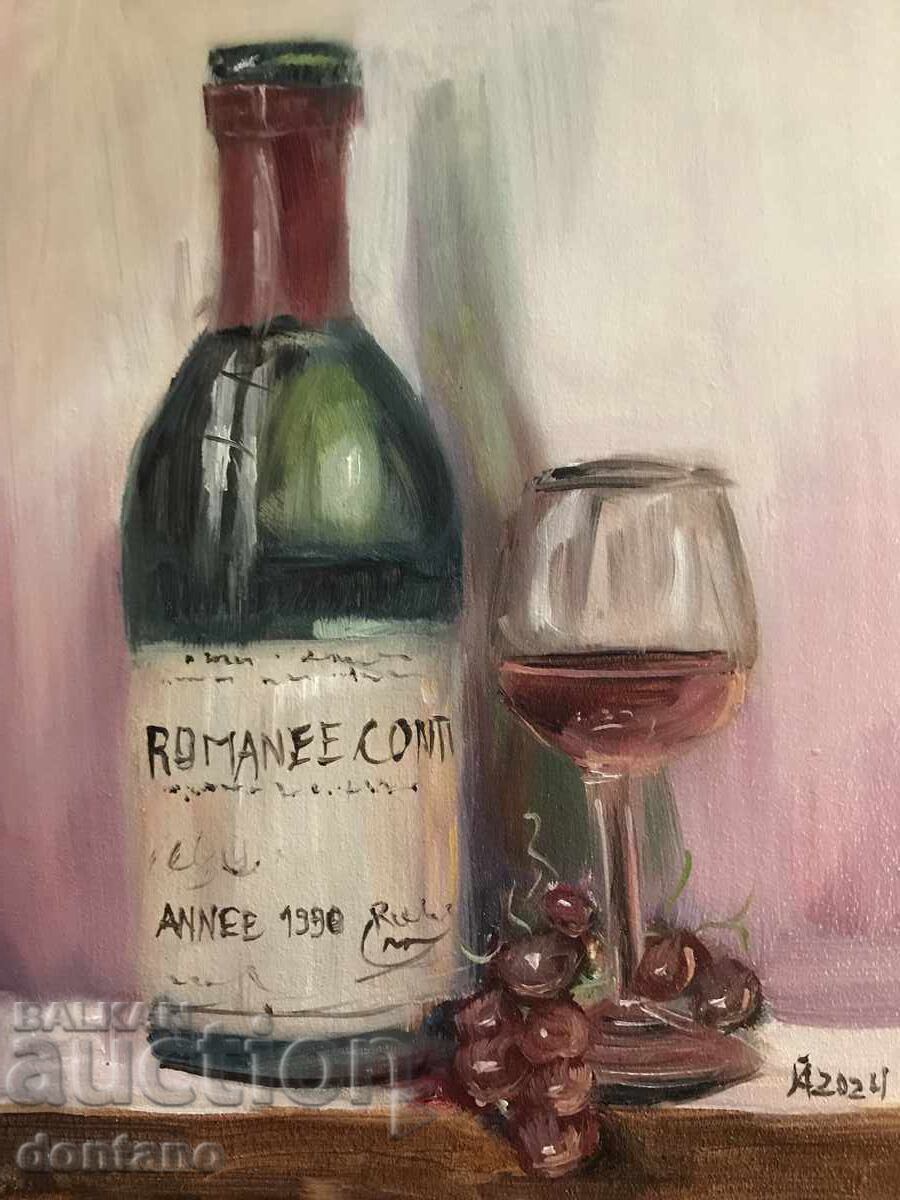 Painting oil painting - Still life - Bottle of wine with grapes