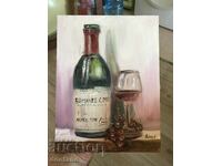 Painting oil painting - Still life - Bottle of wine with grapes