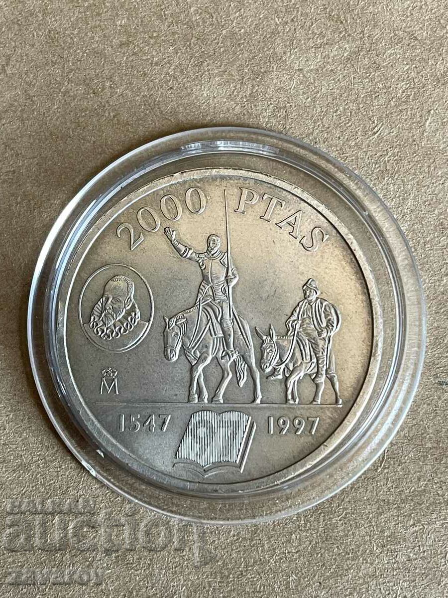 Moneda de argint Cervantes Don Quijote 2000 Pesetas Spania 1997