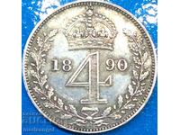 Maundy Marea Britanie 4 pence 1890 tânăra Victoria rar