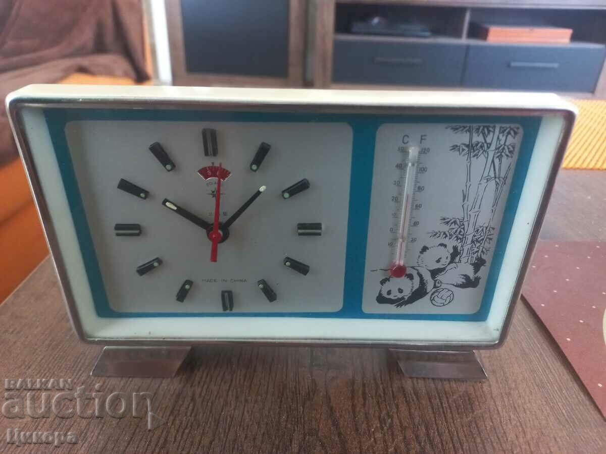 OLD CHINESE MECHANICAL CLOCK ALARM CLOCK ANIMATED THERMOMETER