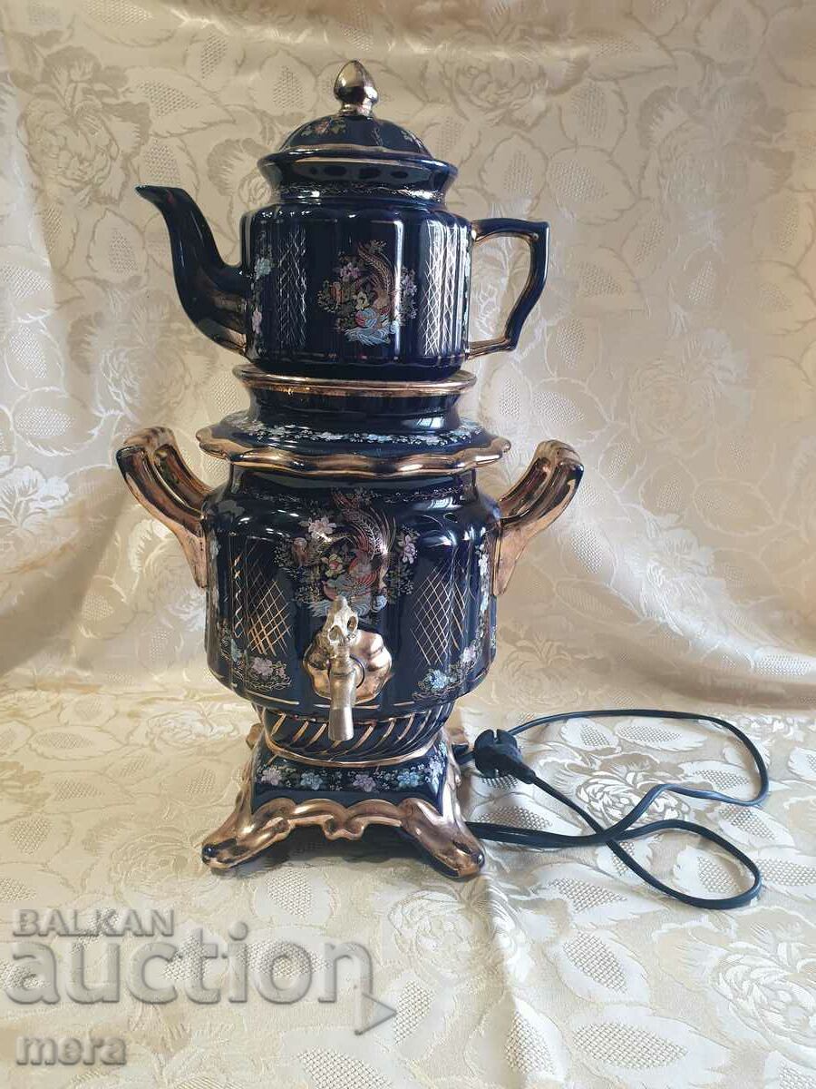 Large porcelain cobalt samovar with kettle