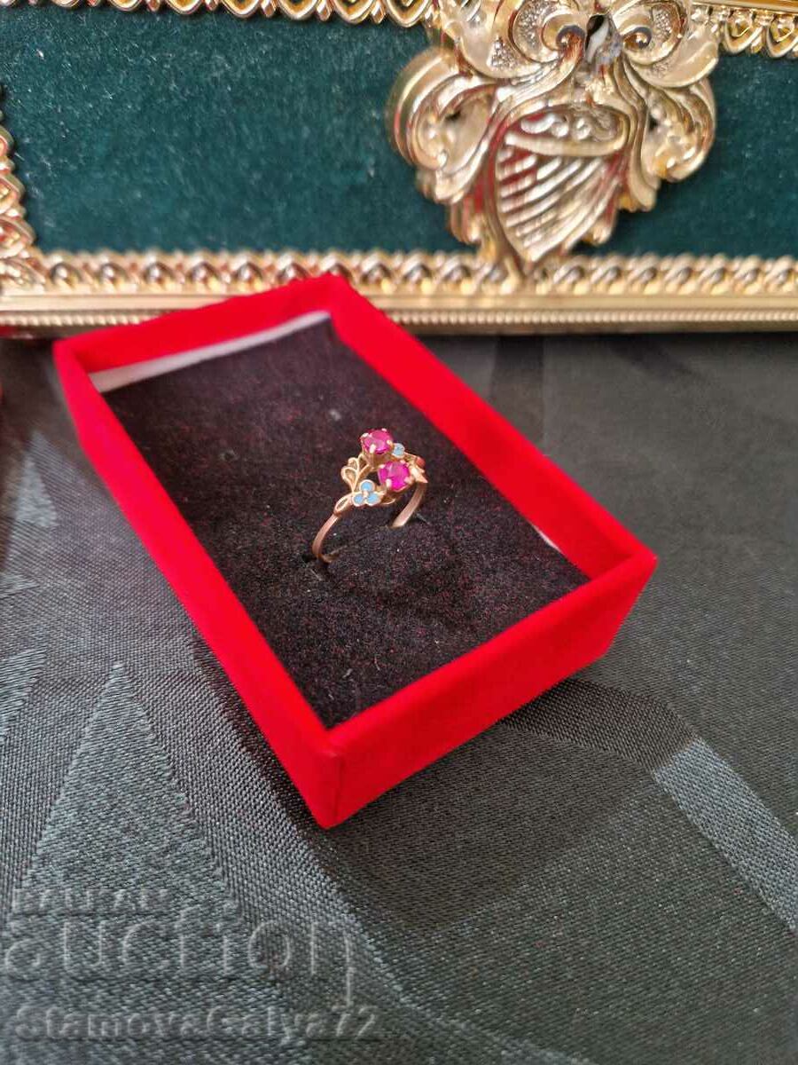 A great Russian Soviet gold ring with rubies and enamel