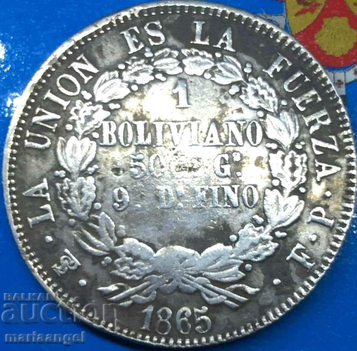 Bolivia 1865 1 boliviano 24.85g silver - extremely rare